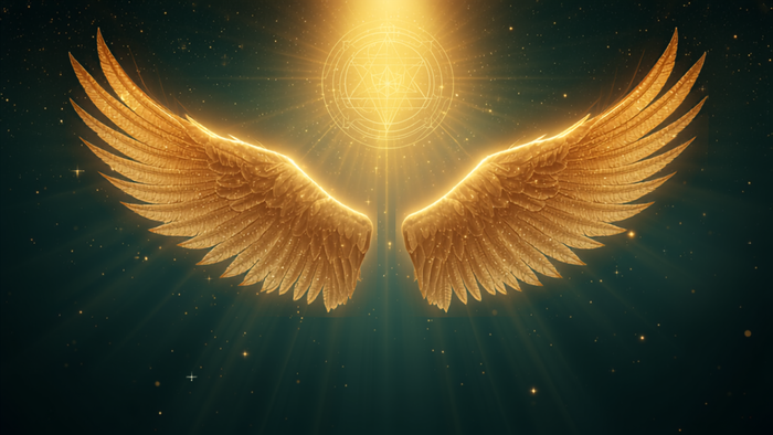 Engelszahl 1444: goldene Engelsflügel mit Halo im Sternenhimmel