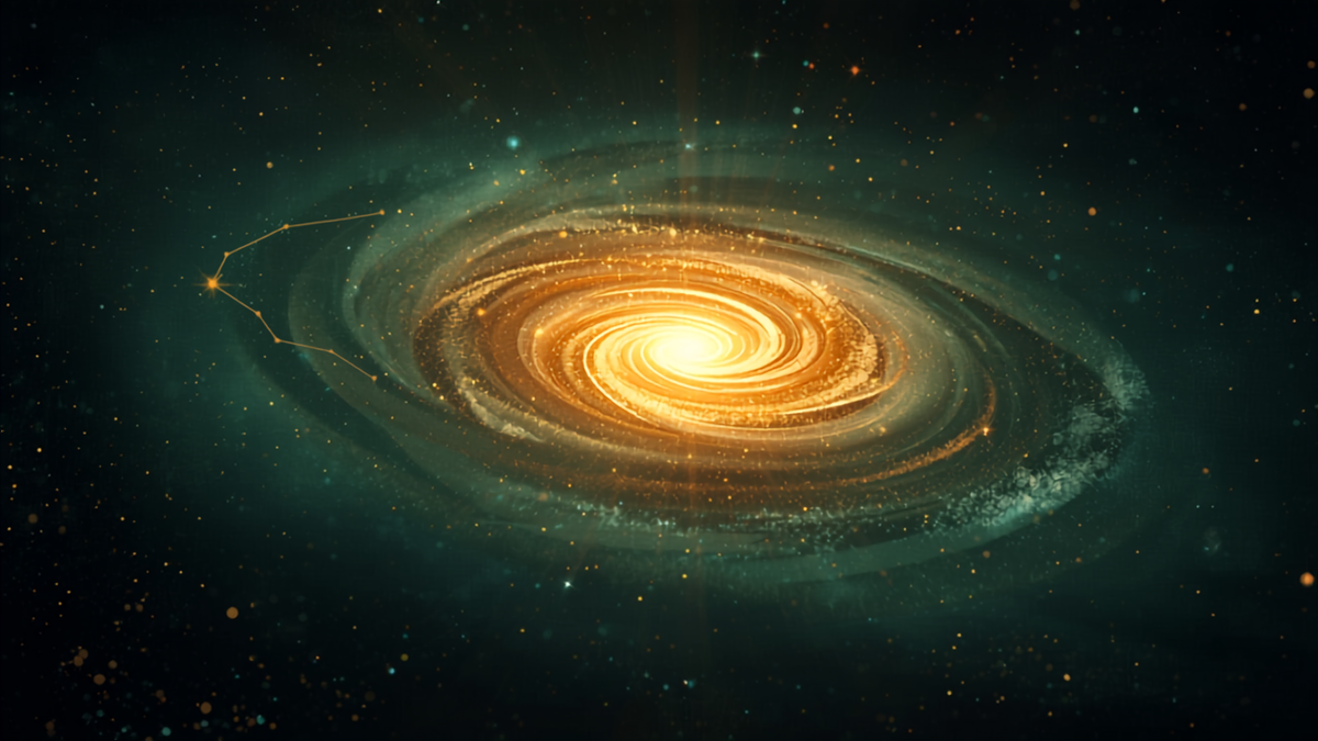 Engelszahl 1303: goldene Spiralgalaxie im tiefen Teal-Sternenhimmel