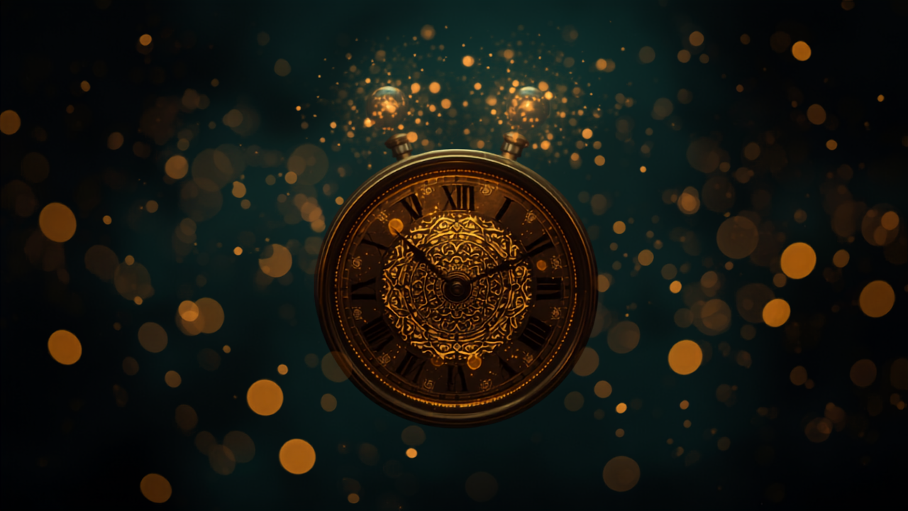 Engelszahl 2002: Antike Uhr mit goldenen Lichtpartikeln vor dunklem Teal-Hintergrund – Symbol für Balance und Zwillingsflammen-Verbindung