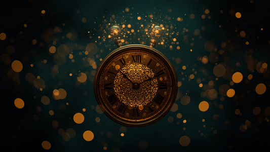 Engelszahl 2002: Antike Uhr mit goldenen Lichtpartikeln vor dunklem Teal-Hintergrund – Symbol für Balance und Zwillingsflammen-Verbindung