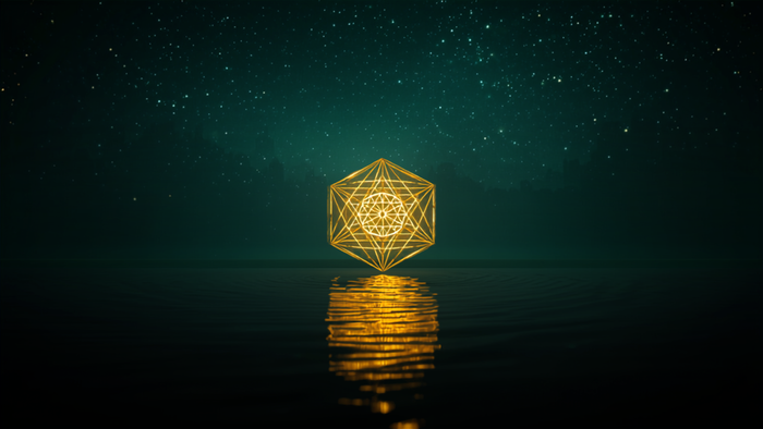 Meisterzahlen 11 22 33: goldener Metatron-Würfel über dunklem Wasser im Sternenhimmel