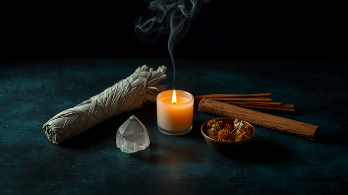 Ritualbedarf Grundausstattung: Kerze, Salbei, Bergkristall und Palo Santo auf dunklem Altar