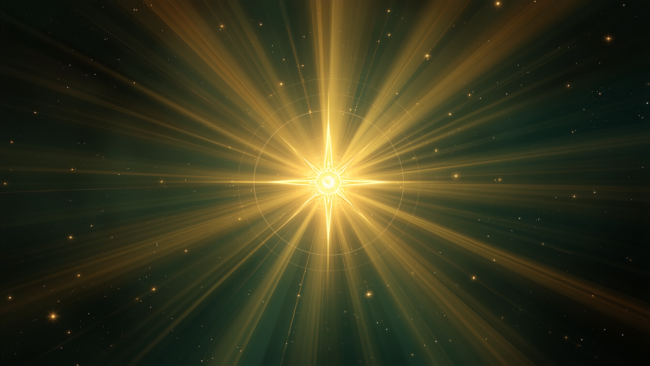 Engelszahl 2111: goldene Lichtstrahlen bündeln sich im Kosmos