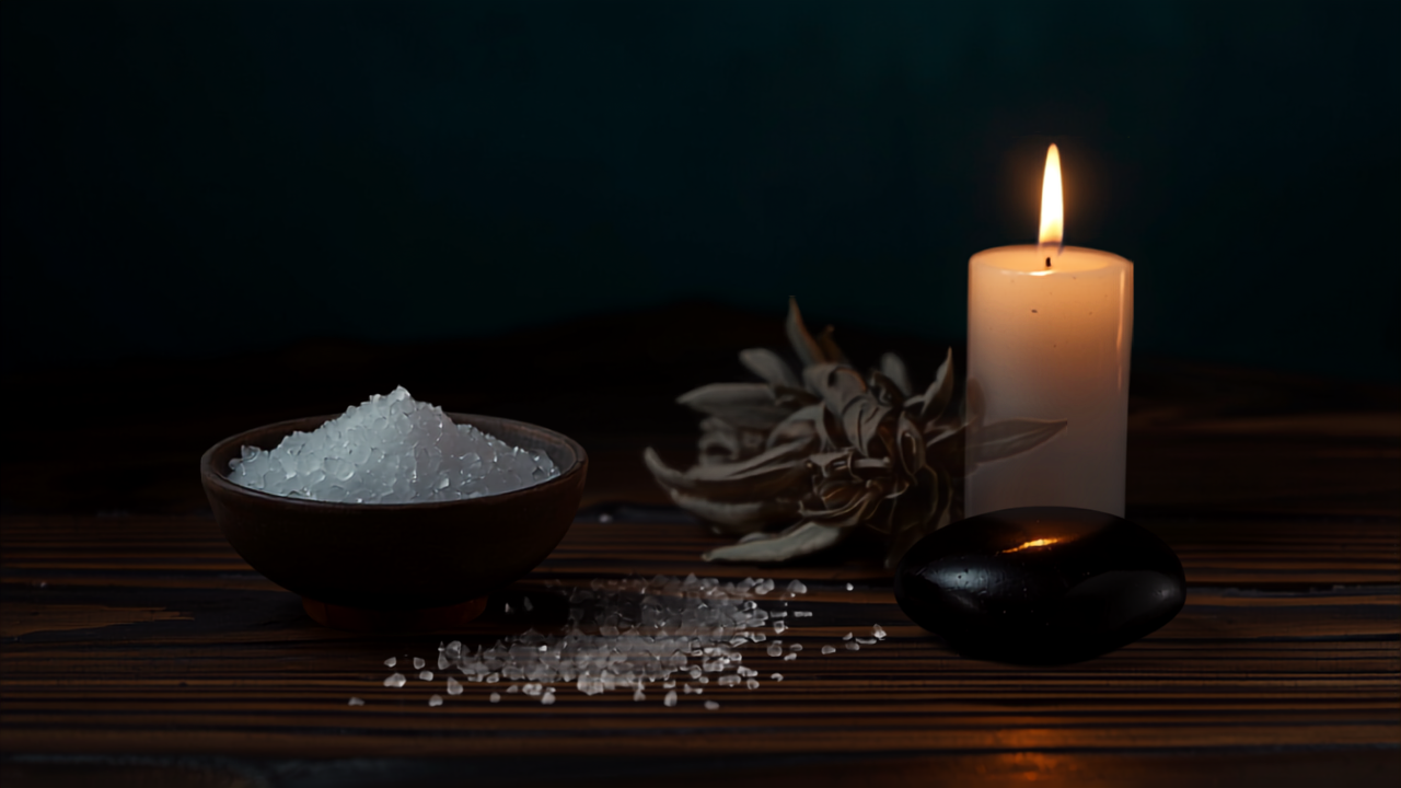 Schale mit grobem Meersalz, getrocknetem Salbei, brennender Kerze und schwarzem Obsidian auf dunklem Holz – spirituelle Salz-Reinigung