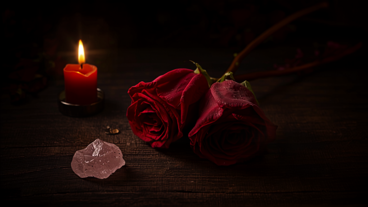 Zwei rote Rosen, eine Kerze und ein Rosenquarz auf dunklem Holz – Symbolbild für Liebeszauber und Liebesrituale