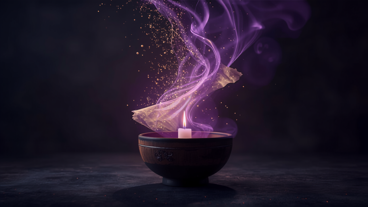 Alte Schriftrolle löst sich in violettes und goldenes Licht auf – Befreiungsritual: Karma und Seelenverträge auflösen