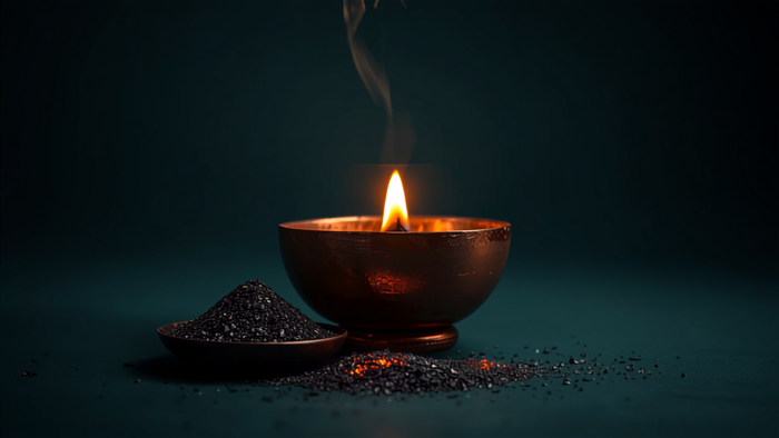 Kupferne Agnihotra-Schale mit heiliger Flamme, feiner Asche und schwarzem Salz vor dunklem Hintergrund