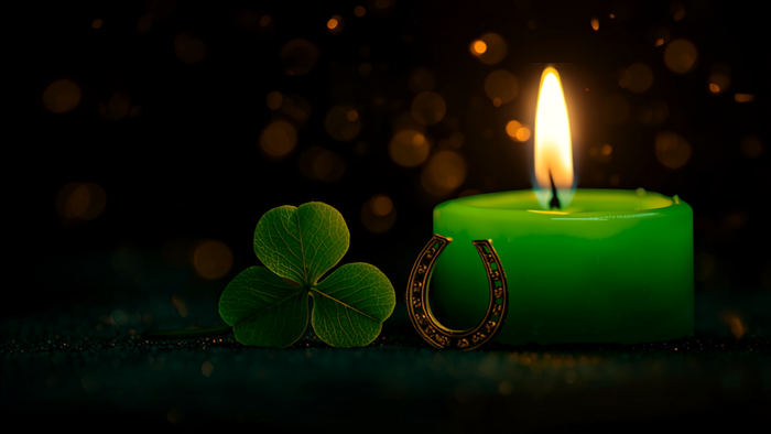 Vierblättriges Kleeblatt und grüne Kerze mit goldenen Lichtfunken – Glücksritual, um Glück und Chancen anzuziehen