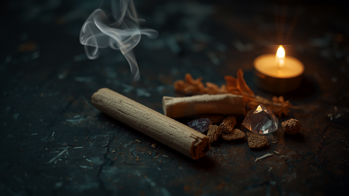 Rauchendes Palo-Santo-Holz mit Kristall, Kerze und getrockneten Kräutern auf dunklem Stein – spirituelles Räucher-Ritual
