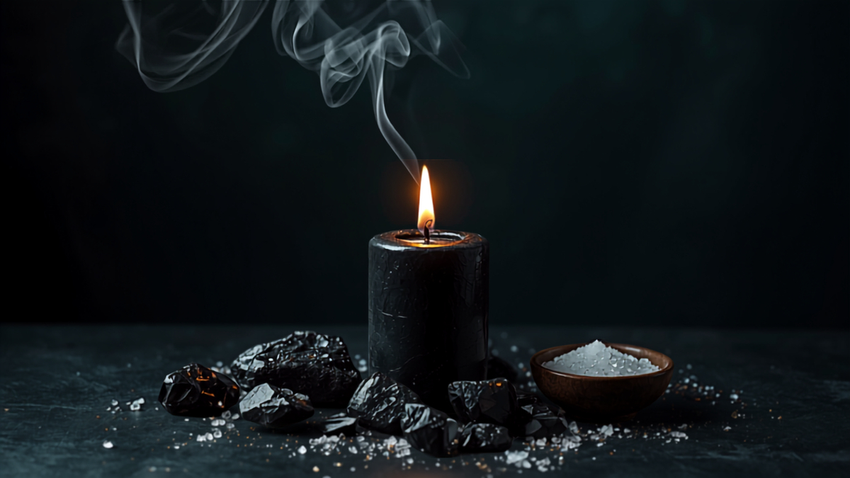 Schwarze Kerze mit Salbei-Rauch, Turmalin und Obsidian auf dunklem Altar – Fluch lösen Befreiungs-Ritual