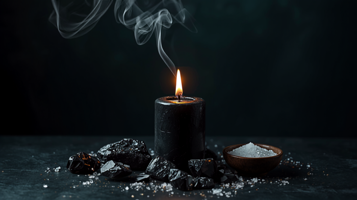 Schwarze Kerze mit Salbei-Rauch, Turmalin und Obsidian auf dunklem Altar – Fluch lösen Befreiungs-Ritual