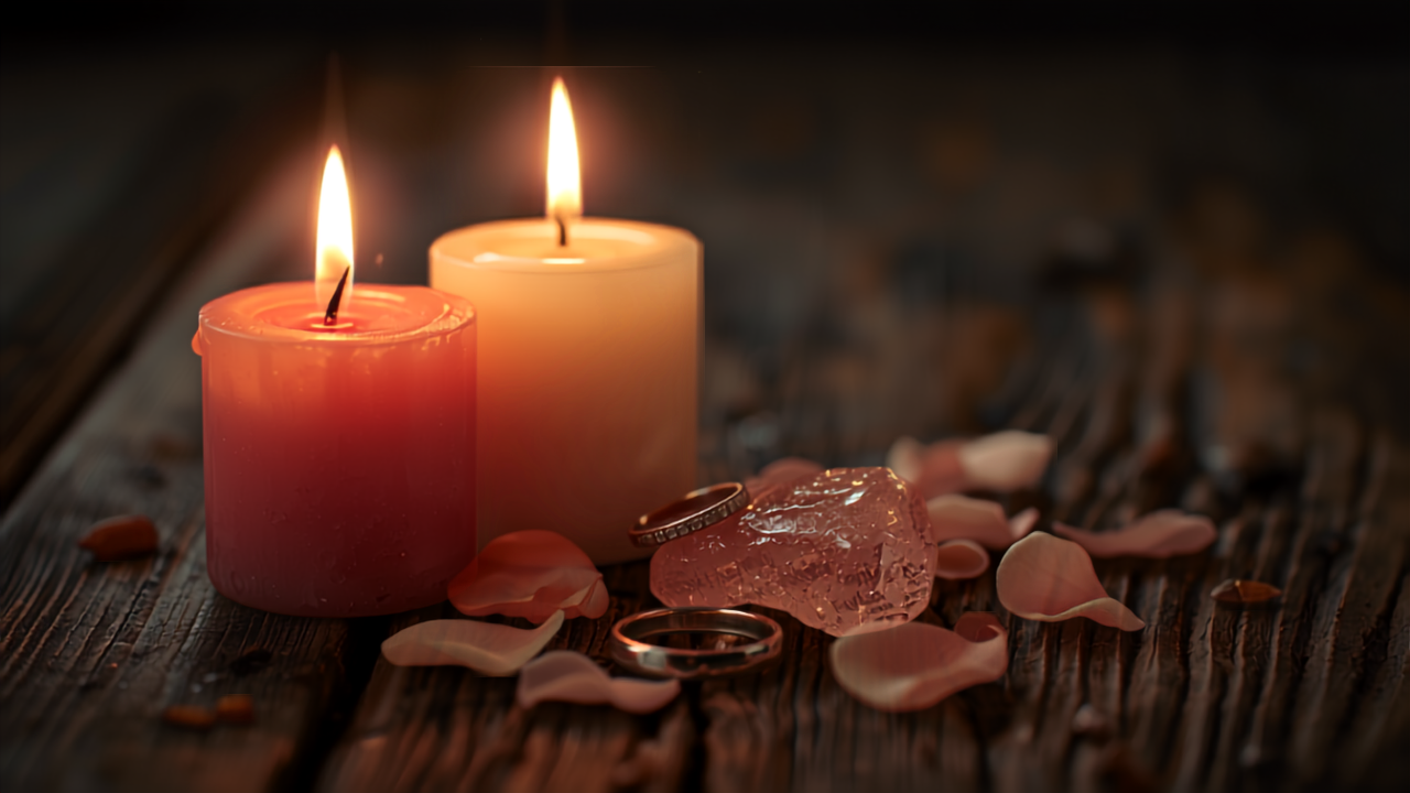 Zwei brennende Kerzen, zwei Ringe und Rosenquarz mit Rosenblütenblättern auf dunklem Holz – Symbolbild für ein Ritual zum Retten und Festigen einer Beziehung