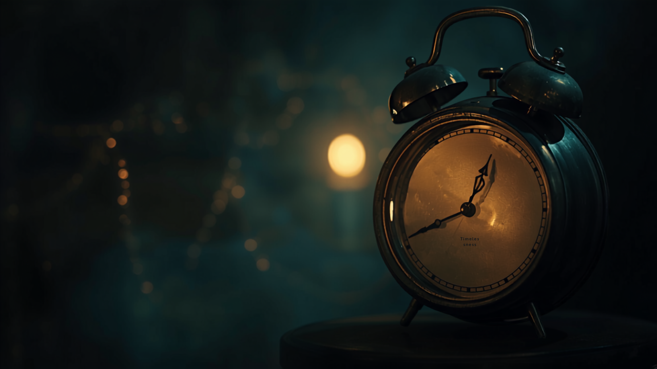 Spiegelstunde 21:21 – leuchtende Vintage-Uhr in warmem Zwielicht mit Bokeh