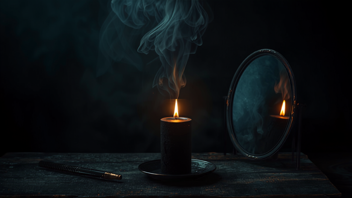 Schwarze Kerze mit Spiegelreflexion und goldenem Licht – Umkehrzauber: negative Energie zurücksenden