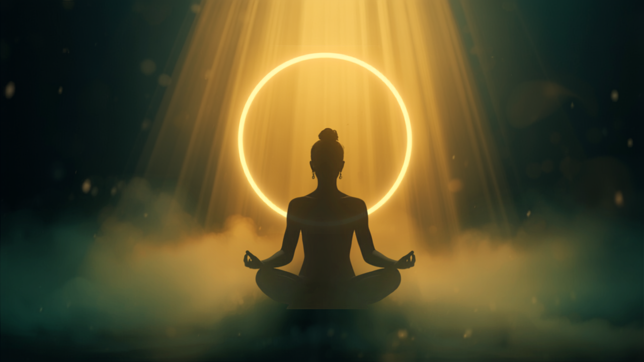 Meditierende Silhouette vor goldenem Lichtkreis mit schützenden Lichtstrahlen – Symbol für Schutz und spirituelles Erwachen der Spiegelstunde 11:44