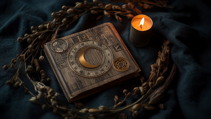 Alter Almanach-Kalender mit Mondphasen-Scheibe, Kräutern und Kerze – Schwendtage 2026