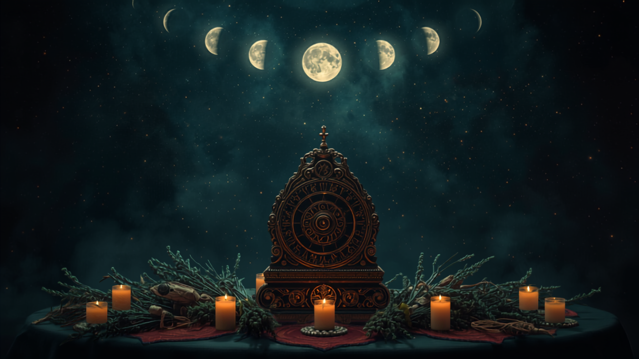 Mondphasen über Altar mit astronomischer Uhr und Planetensymbolen – die beste Zeit für Magie-Rituale