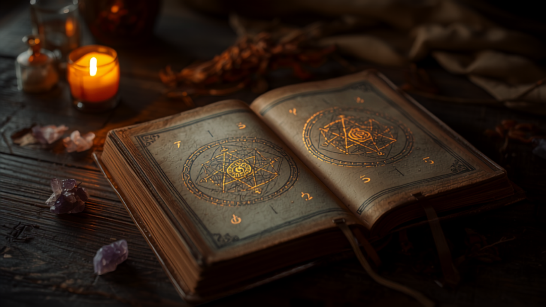 Mystisches Journal mit handgeschriebenen Zahlen, Kerze und Kristallen – Lebenszahl berechnen in der Numerologie