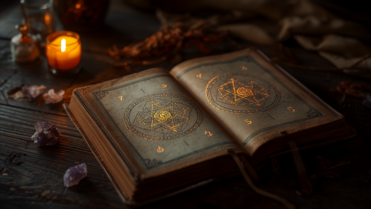 Mystisches Journal mit handgeschriebenen Zahlen, Kerze und Kristallen – Lebenszahl berechnen in der Numerologie