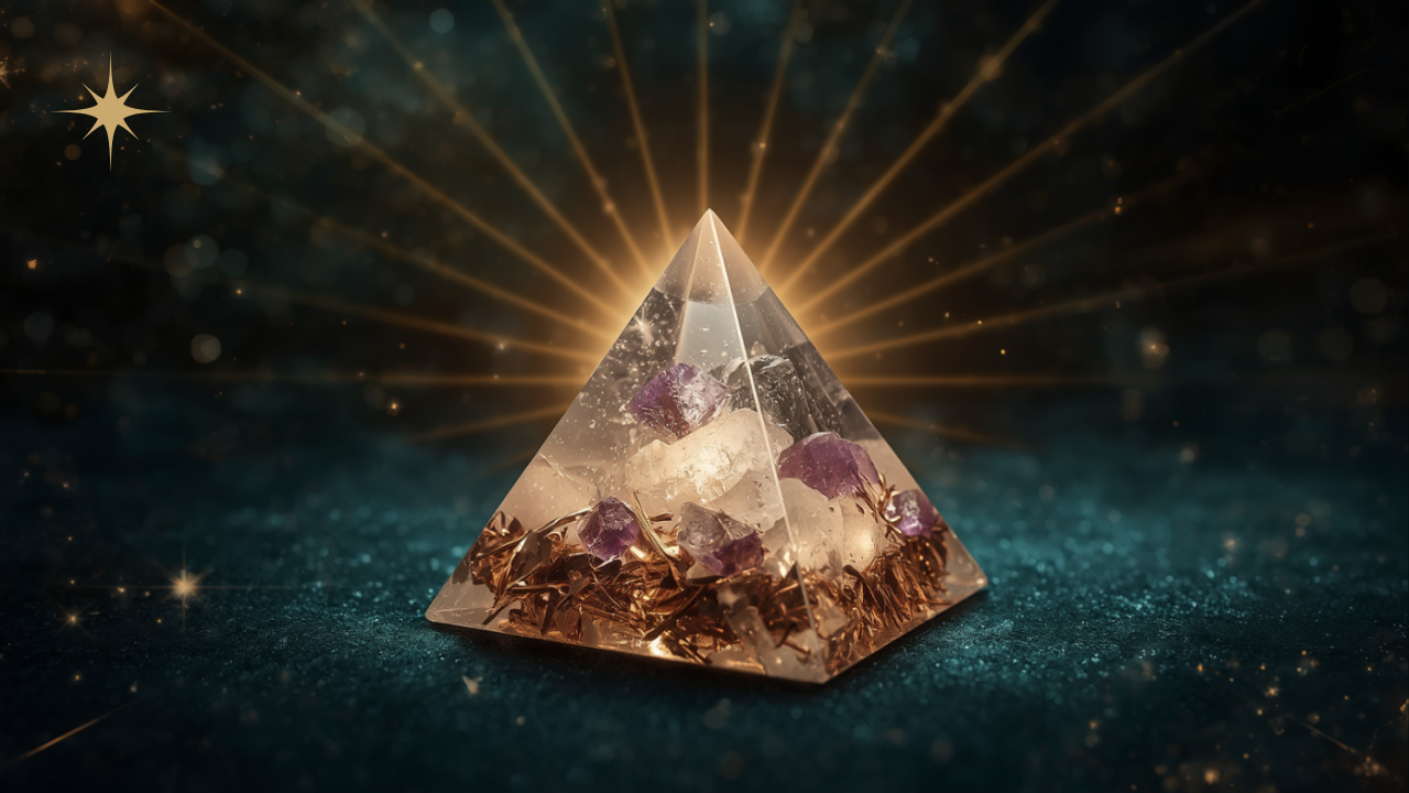 Orgonit-Pyramide mit Amethyst und Bergkristall vor dunkel-teal Hintergrund mit goldenen Lichtstrahlen