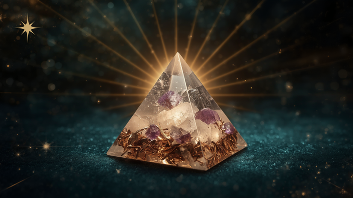 Orgonit-Pyramide mit Amethyst und Bergkristall vor dunkel-teal Hintergrund mit goldenen Lichtstrahlen