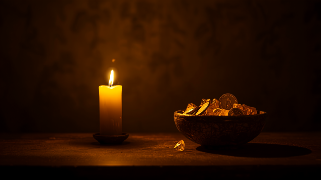 Goldene Kerze mit Fülle-Schale, Münzen und Citrin auf Ladentheke – Business-Segen-Ritual für Selbstständige
