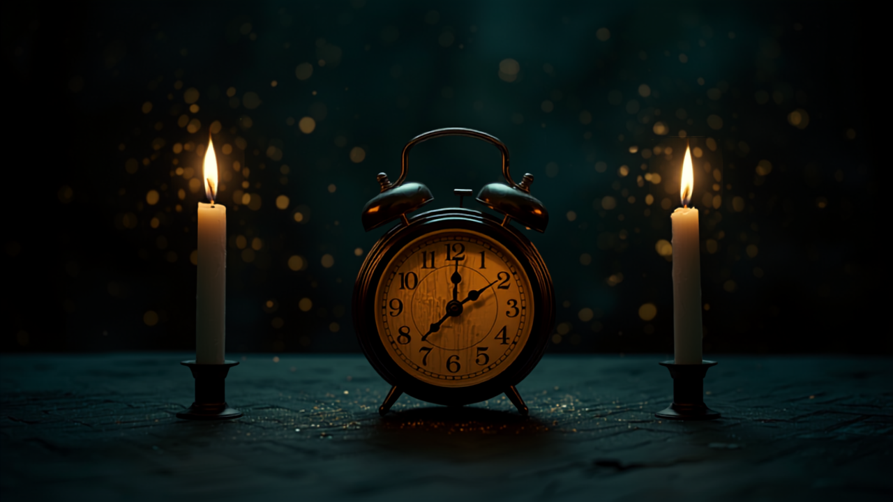 Spiegelstunde 21:12 – glühende Uhr im träumerischen Kerzenlicht, Harmonie und Zwillingsflamme