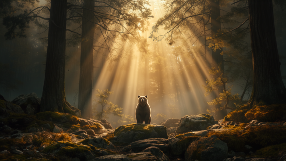 Brauner Bär im nebligen Kiefernwald bei Sonnenaufgang – Krafttier Bär