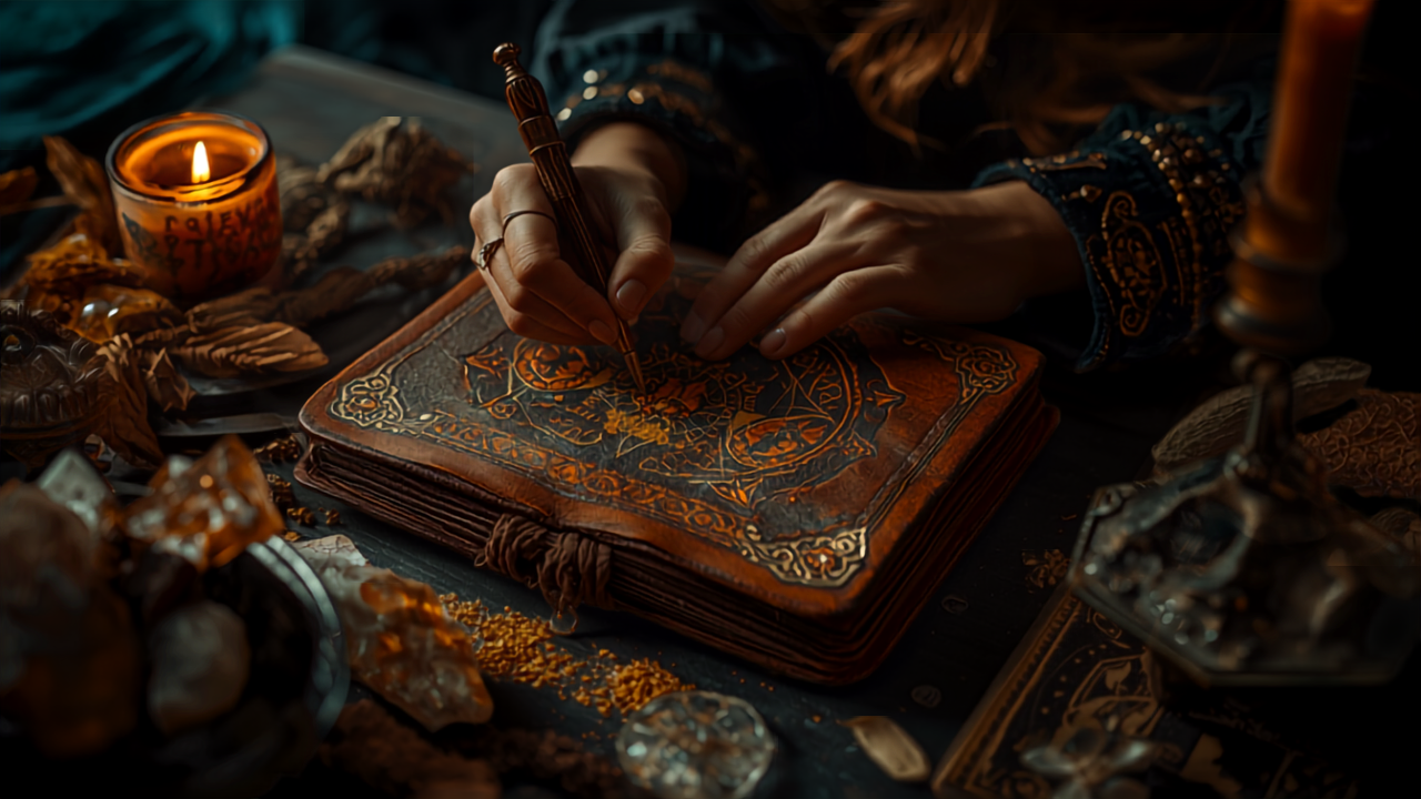 Kunstvolles Grimoire mit Goldtinte auf kerzenbeleuchtetem Altar – persönliches Magie-Ritual nach Maß