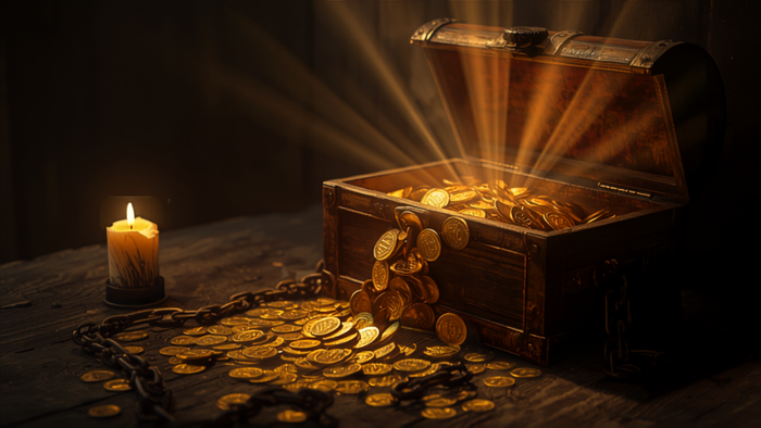 Geöffnete Truhe mit fließenden Goldmünzen und gesprengten Ketten – Ritual zum Lösen finanzieller Blockaden