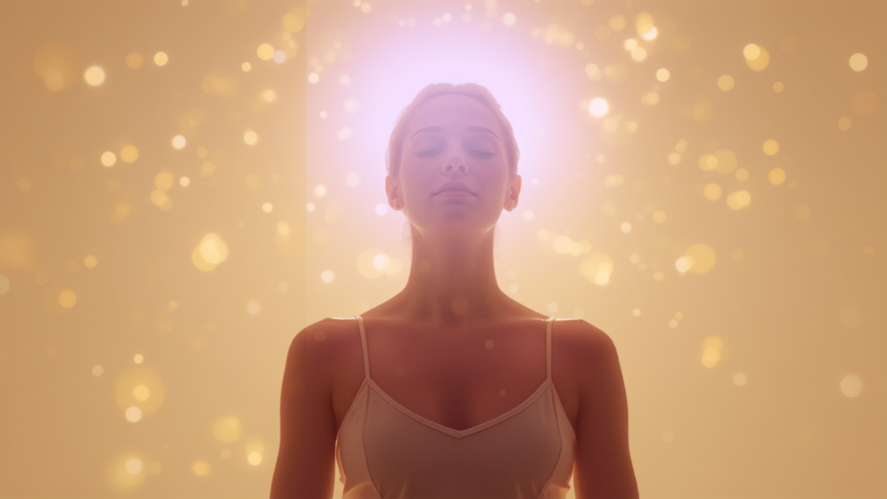 Frau in Meditation mit leuchtender violett-goldener Aura um Kopf und Schultern