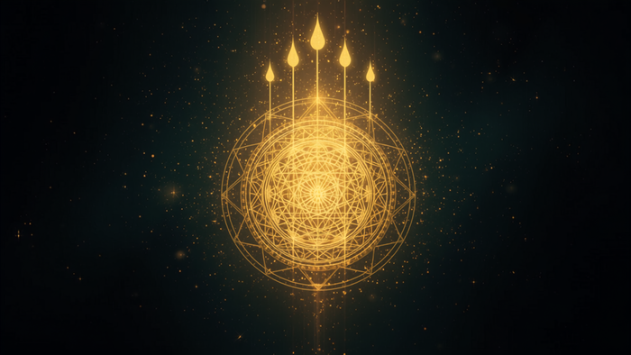Engelszahl 1333: goldenes heiliges Geometrie-Mandala mit aufsteigenden Lichtflammen vor tiefem Nachthimmel als Symbol für Manifestation
