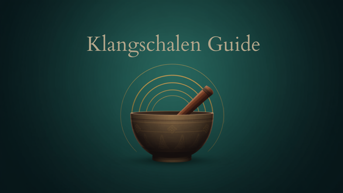 Klangschalen Guide – Titelbild mit Klangschale und Klangwellen in dunklem Grün