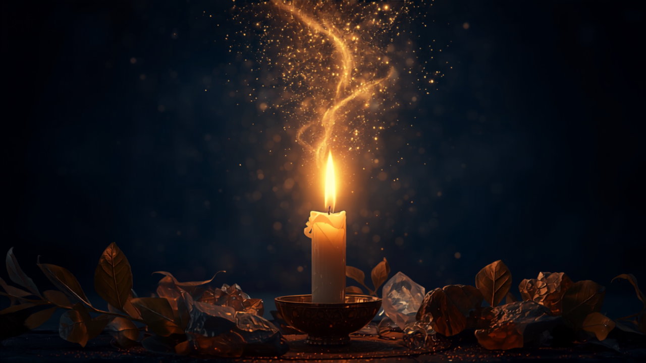 Wunschzettel verwandelt sich über Kerzenflamme in goldenes Licht – Ritual, um einen konkreten Wunsch zu manifestieren