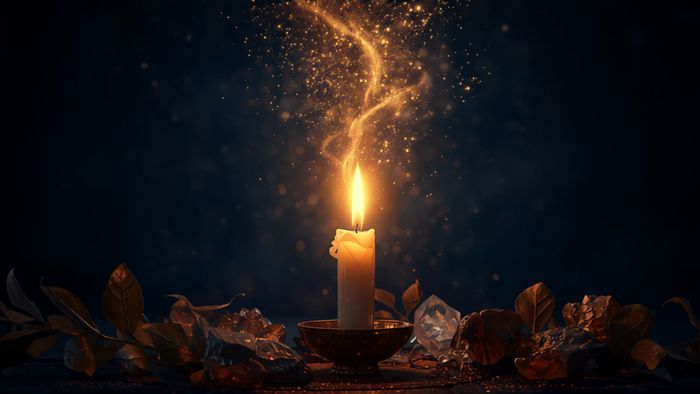 Wunschzettel verwandelt sich über Kerzenflamme in goldenes Licht – Ritual, um einen konkreten Wunsch zu manifestieren