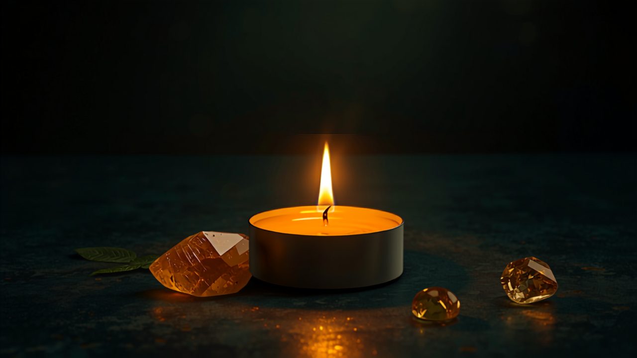 Goldene Kerze mit Tigerauge- und Citrin-Kristallen auf dunklem Altar – Karriere- und Erfolgs-Ritual