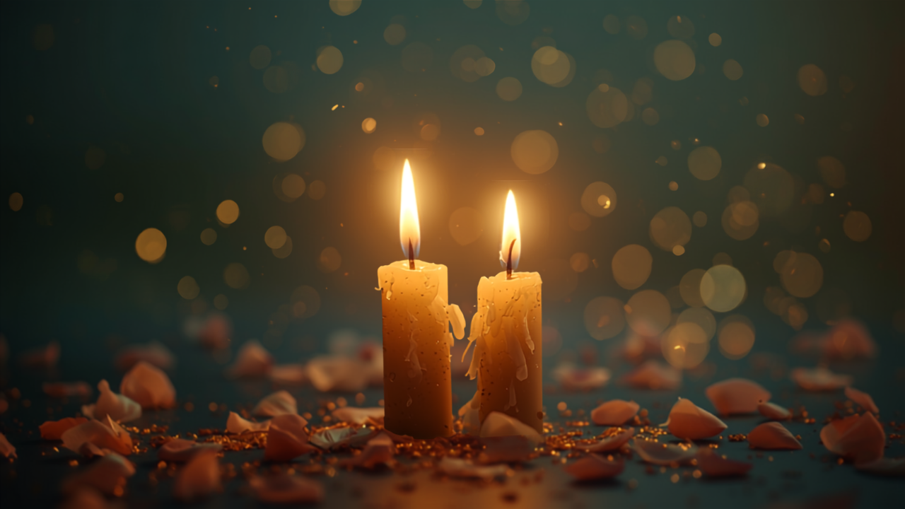 Zwei zueinander geneigte goldene Kerzenflammen mit Rosenblättern und goldenem Bokeh – Symbol für die Spiegelstunde 12:12 und Zwillingsflammen-Liebe