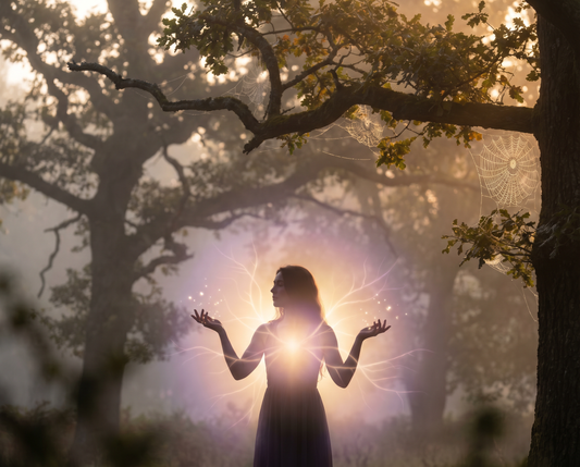 Zwillingsflamme körperliche Symptome – Frau mit leuchtender Aura im mystischen Wald bei Sonnenuntergang