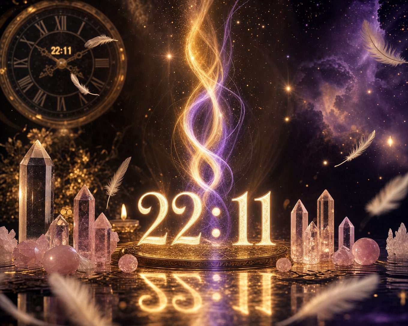 22:11 Bedeutung Zwillingsflamme: Leuchtende Zahlen 22:11 mit goldener und violetter Zwillingsflamme, Kristallen und Engelfedern im Kosmos