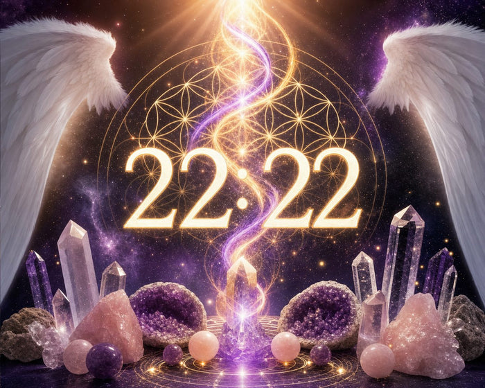 22:22 Zwillingsflamme Engelszahl: Leuchtende Zahlen 22:22 mit Engelflügeln, violetter Zwillingsflamme, Amethyst- und Rosenquarz-Kristallen vor kosmischem Hintergrund