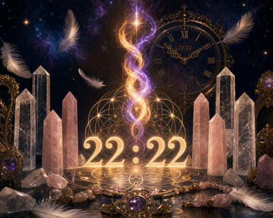 22:22 Zwillingsflamme: Leuchtende Zahlen 22:22 mit goldener und violetter Zwillingsflamme, Kristalltürmen und Engelfedern im Sternenhimmel