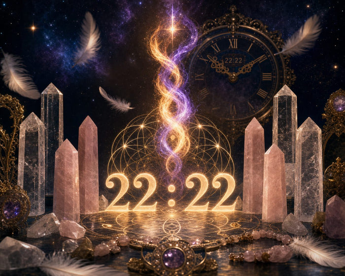22:22 Zwillingsflamme: Leuchtende Zahlen 22:22 mit goldener und violetter Zwillingsflamme, Kristalltürmen und Engelfedern im Sternenhimmel