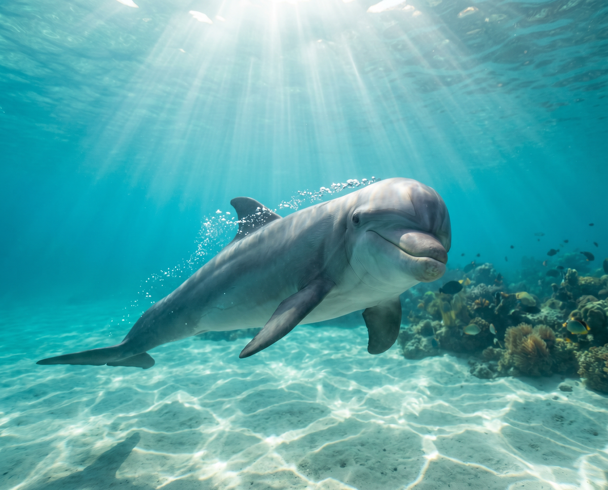 Delphin Bedeutung spirituell – Delfin schwimmt durch kristallklares Wasser mit Sonnenstrahlen und Korallenriff
