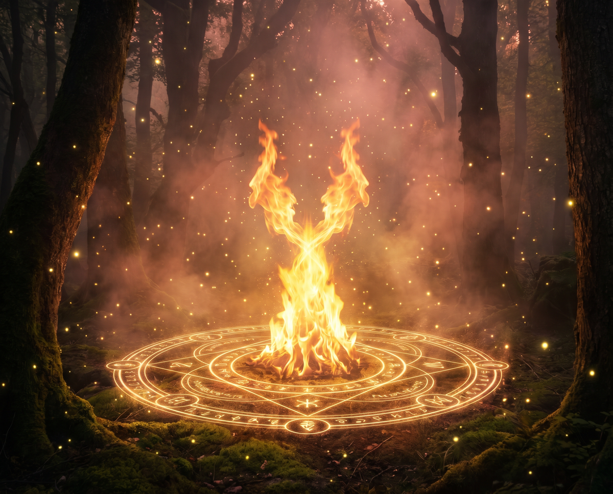 Zwillingsflammen Wiedervereinigung – Zwei Flammen verschmelzen zu einem goldenen Feuer in mystischer Waldlichtung mit heiliger Geometrie