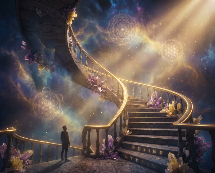 Zwillingsflammen Phasen – Mystische Wendeltreppe durch kosmische Wolken mit Sacred Geometry und Kristallen