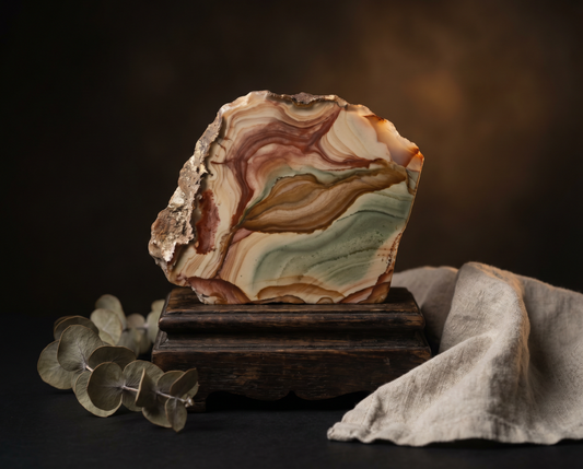 Rhyolith Stein Wirkung – Polierter Rhyolith-Kristall mit fließenden Erdtönen auf Holzständer