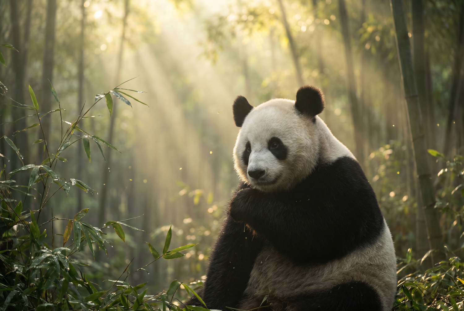 Panda Bedeutung spirituell – Majestätischer Panda im mystischen Bambuswald mit Sonnenstrahlen