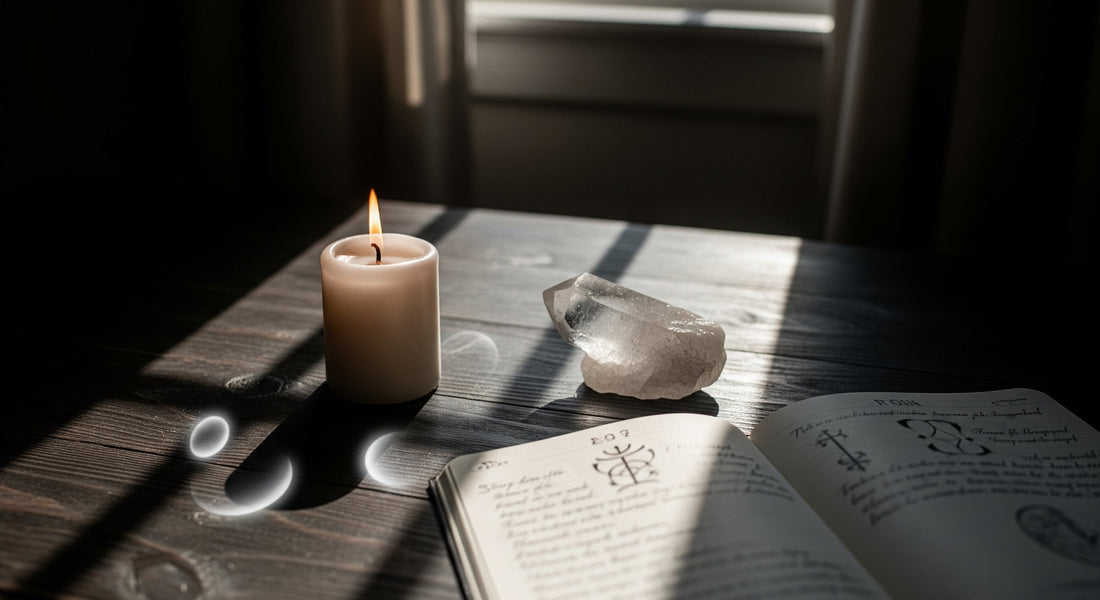 Eine liebevoll arrangierte Szene für ein Mondritual mit einer leuchtenden Kerze, einem Kristall und einem Notizbuch auf einem Holztisch.