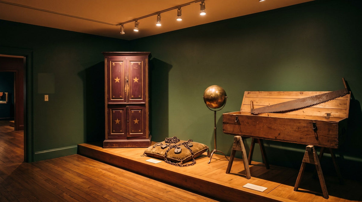 Museumsraum mit historischen Zauberrequisiten: Verschwindeschrank mit Sternen, Ketten mit Vorhängeschlössern, schwebende Messingkugel und Sägekiste – KI-Illustration, nicht die Ausstellung