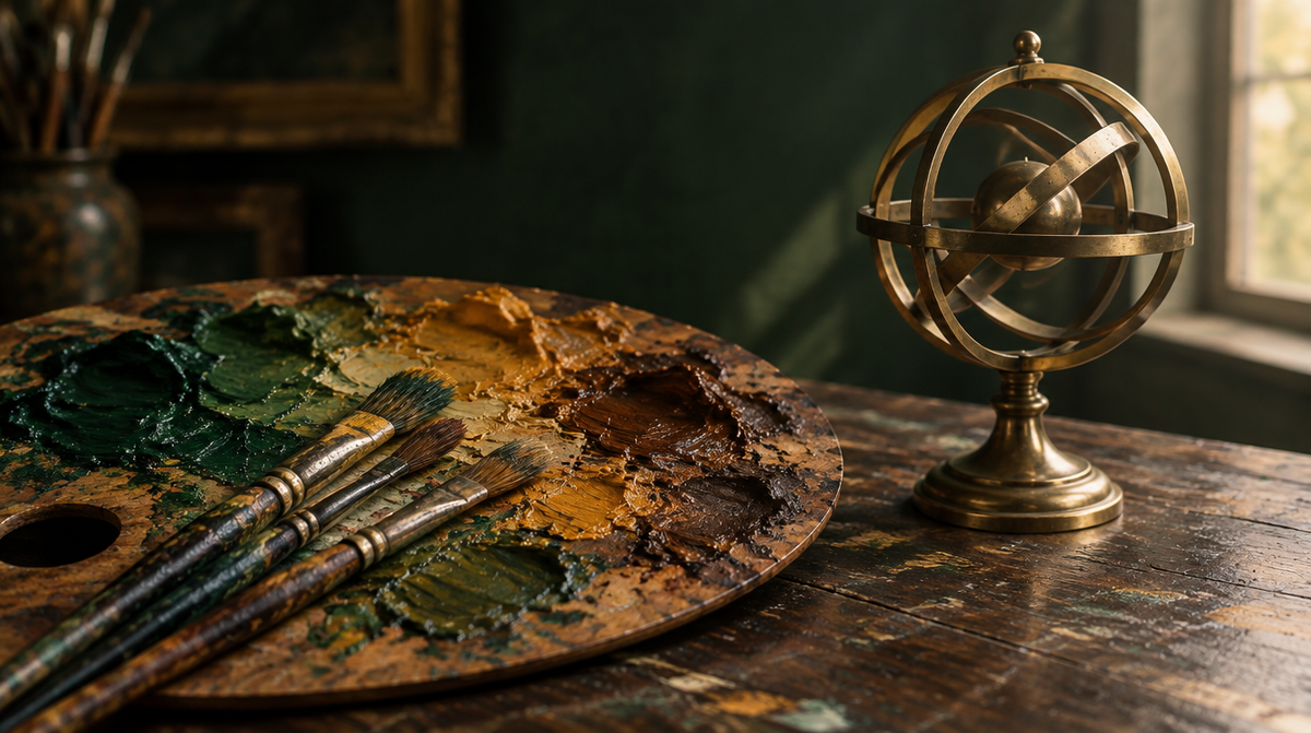Malerpalette mit grüner und ockerfarbener Ölfarbe und drei Pinseln neben einer Armillarsphäre aus Messing im Atelier